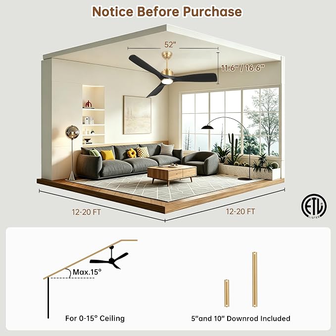 Ovlaim 52 Inch Modern Smart Ceiling Fan with Lights and Remote High CFM | 3 Blade Black Gold Ceiling Fan,ETL Listed Quiet Reversible DC Motor,Dimmable Light & Memory Function,For Bedroom Living Room