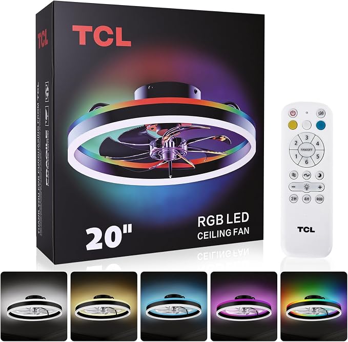 TCL 20'' Flush Mount Ceiling Fan with Lights and Remote, RGB Backlight Dual Lighting Mode, Modern Low Profile Ceiling Fan with Quiet DC Motor, Stylish Lighting for Bedroom, Black