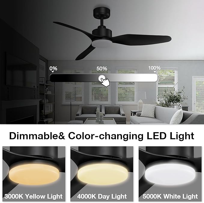 Hoenofly 48” Smart Ceiling Fans with LED Lights Remote,Quiet DC Motor,Dimmable,Outdoor Indoor Modern Ceiling Fan Controlled by WIFI Alexa App,3 Black Blades for Bedroom Living Room Patio Porch