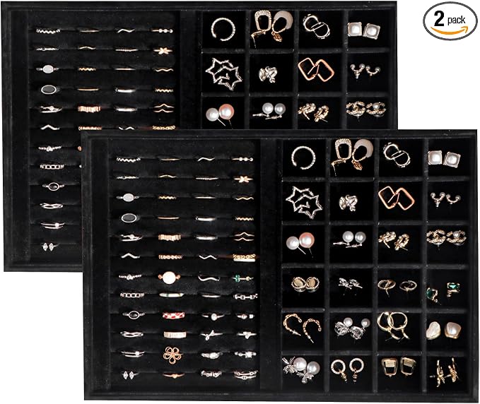 Large Velvet Jewelry Tray 2 Pack Stackable Jewelry Display Drawer Inserts Trays Organizer for Earring Bracelet Necklace Ring (Black, Ring and 24 Grids)