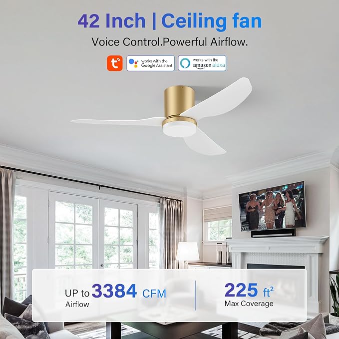 42 Inch Smart Ceiling Fans with Lights Remote,Low Profile Ceiling Fan Control via WIFI Voice Alexa App,Modern Flush Mount Fans for Small Bedroom,Patio,Porch,Outdoor Indoor,White and Gold,Ultra-quiet