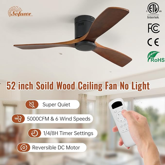 Sofucor 52 Inch Low Profile Ceiling Fans No Light, Modern Flush Mount Solid Wood Ceiling Fan with Airflow 5000CFM, Quiet DC Motor, 6 Speeds, Timer & Reversible for Bedroom Living Room, ETL, Walnut