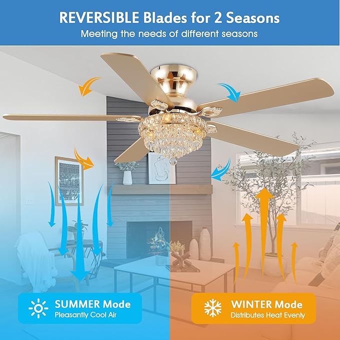 GJeg Crystal Ceiling Fan Fandelier with Lights-Ceiling Fans with Remote Control,Modern Ceiling Fan with Noiseless DC Reversible Motor,Dining Room,Living Room(52" Gold)