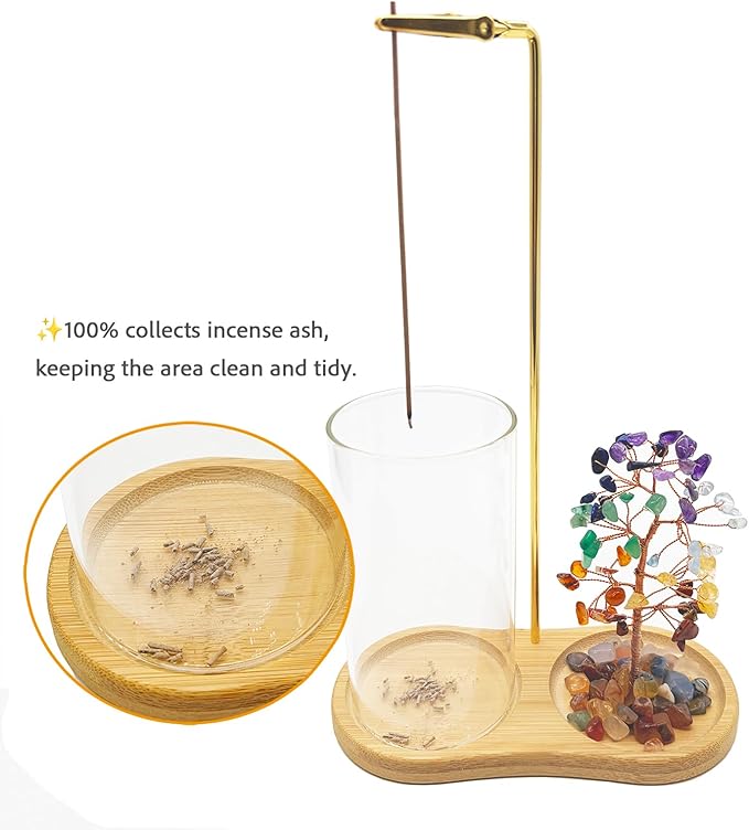 Upside-Down Hanging Incense Stick Holder with 7 Chakra Crystal Tree Design, Glass Ash Catcher & Wooden Base - Aromatherapy Accessory for Meditation, Yoga & Home Decor