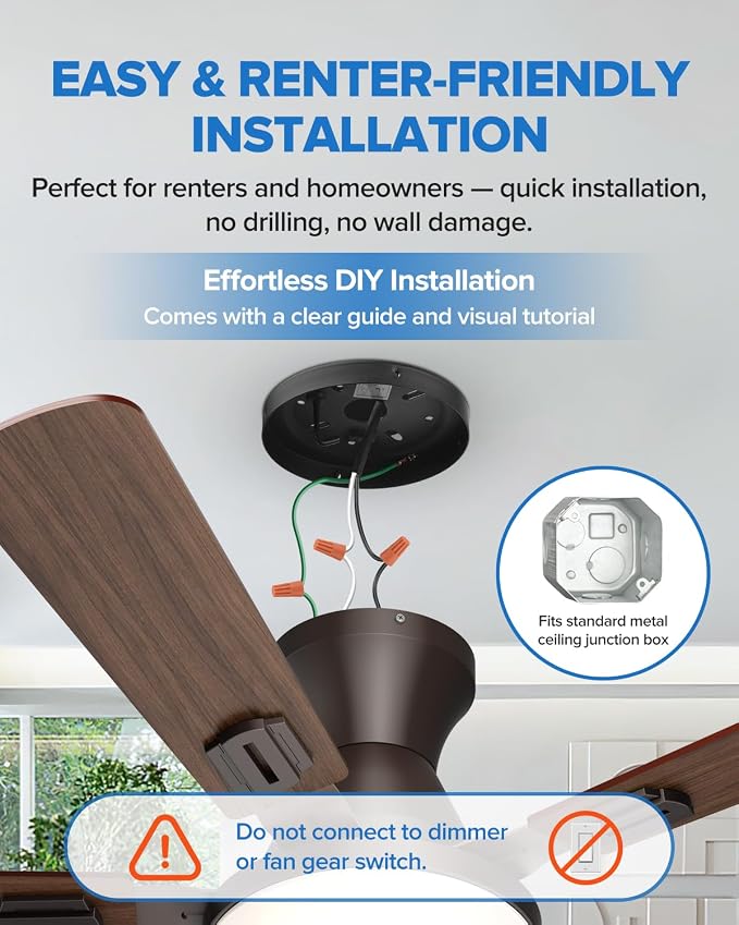 UME 52" Ceiling Fan with Lights & Remote, 6 Blades Low Profile Ceiling Fan, Quiet DC Motor, Natural Wind, 6 Speeds, 3CCT Dimmable 20W LED Modern Ceiling Fan for Bedroom, Living Room, Brown