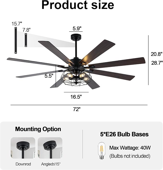 72" Farmhouse Ceiling Fan with Light Industrial Caged Ceiling Fan | Large Rustic Fandelier, Black Metal Chandelier Light for Living Room Covered Outdoor, 5 E26 Bulbs (Not Included), 6 Speeds