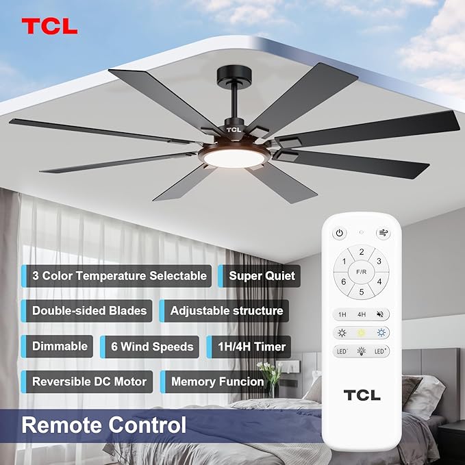 TCL Ceiling Fans with Lights and Remote: 8 Blades, Quiet Reversible DC Motor, Dimmable Super Bright LED, Noiseless Large Modern Fan for Room, Outdoor, Commercial and Industrial Use (Black, 72 Inch)