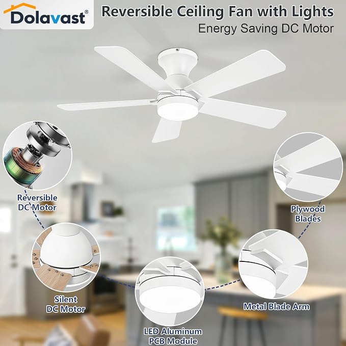 Ceiling Fans with Lights, 42 Inch Low Profile Ceiling Fan with Light and Remote Control, Flush Mount, Reversible, 3CCT, Dimmable LED, Quiet, White Ceiling Fan for Bedroom, Kitchen