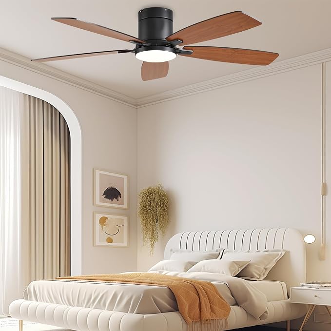FUMLTP 52inch Ceiling Fans with Lights, Low Profile Ceiling Fan with Light and Remote Control/APP Control, Flush Mount, Reversible Motor, Dimmable, Noiseless, Brown Ceiling Fan for Bedroom (Brown)