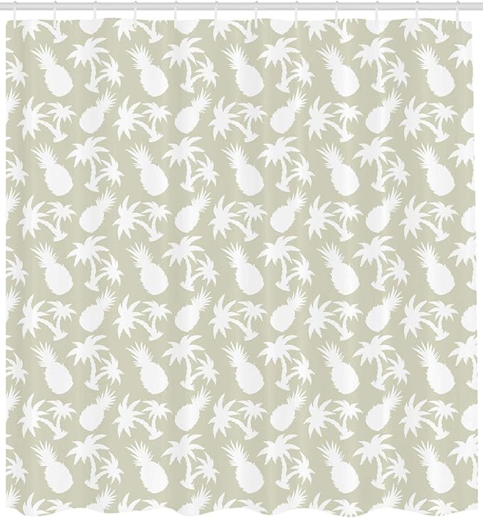 Ambesonne Pineapple Shower Curtain, Coconut Palm Trees and Pineapples Floral Repeating Background Art, Cloth Fabric Bathroom Decor Set with Hooks, 69" W x 70" L, Eggshell White