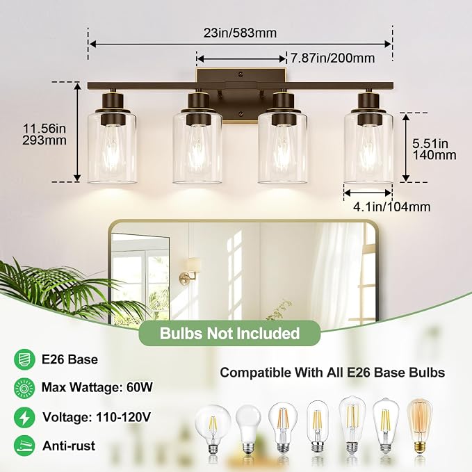 Indoi 4-Light Bathroom Light Fixtures, Oil-Rubbed Bronze Modern Vanity Lights with Clear Glass Shades, Bathroom Wall Lamp for Mirror Living Room Cabinet Bedroom Porch