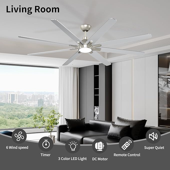 72 Inch Ceiling Fan with Light Remote Control, Brushed Nickel | 6-Speed Quiet Reversible DC Motor, 3CCT Dimmable LED Light,8 Wood Blades,Used for Living Room, Office,Covered Patio