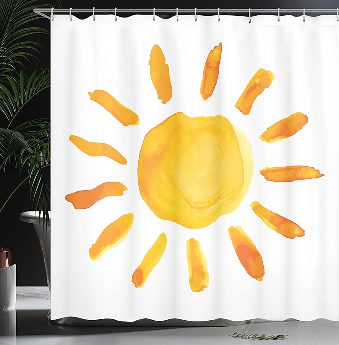 Ambesonne Grunge Shower Curtain, Sun Illustration Watercolor Brush Painting Style Playroom Picture, Cloth Fabric Bathroom Decor Set with Hooks, 69" W x 75" L, Yellow White