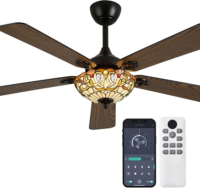 52" Tiffany Style Ceiling Fans with Lights, Vintage Chandelier Ceiling Fan with Stained Glass Shade, Dimmable LED, 6 Speeds Reversible for Bedroom (Gem Art)