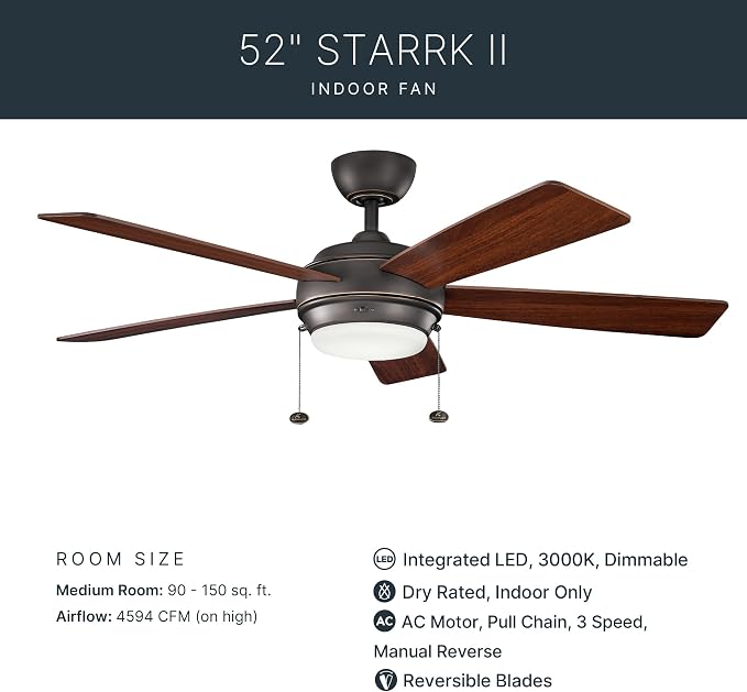 KICHLER 330174OZ Protruding Mount, 5 WALNUT/CHERRY Blades Ceiling fan with 53 watts light, Old Bronze