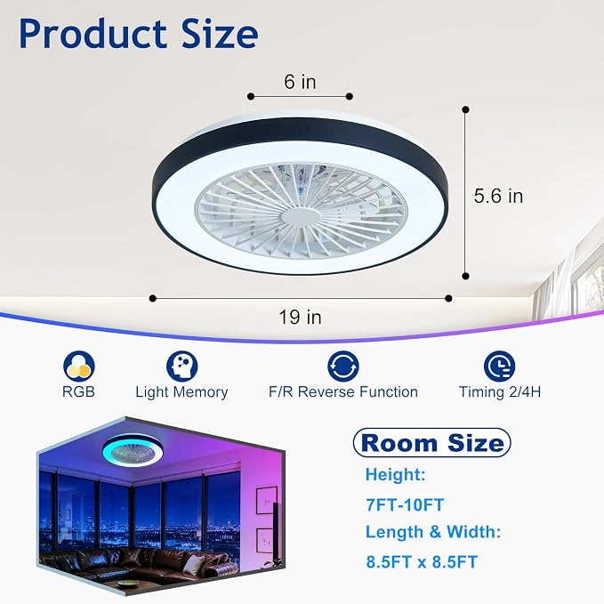 Depuley RGB Ceiling Fan with Light: 19" Enclosed Low Profile Flush Mount LED Ceiling Fans with Remote Control - Modern Black Bladeless Fandelier Dimmable Quiet DC Motor for Bedroom KTV Room