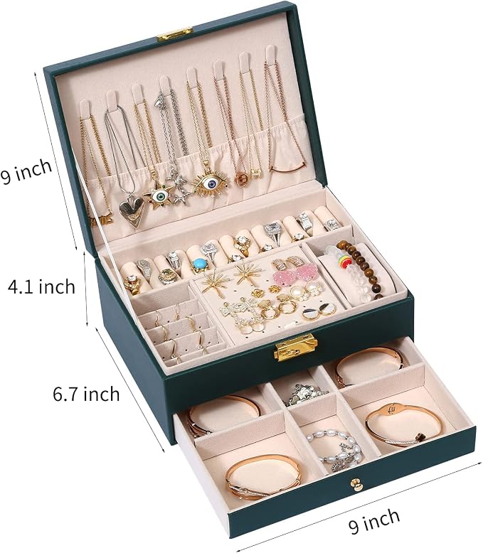 GUOER Jewelry Box for Women Girl Wife - Large PU Leather Jewelry Organizer Storage Case with Two Layers Display for Earrings Bracelets Rings Watches (Green) | Vintage Quilting Stitching PU Leather, Earrings Bracelets Rings Necklace Watches Storage Larg...