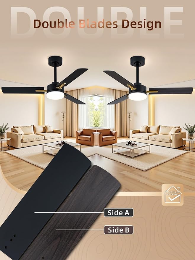 LANMEL 42 Inch Ceiling Fans with Lights, App&Remote Control, Low Profile Modern Ceiling Fan, 6 Speed, Reversible, 3000k-6500k Dimmable LED, Quiet DC Motor for Indoor Outdoor Use, Gold Black