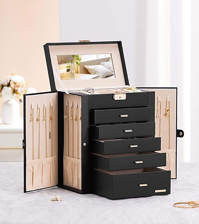 Homde Jewelry Box Large for Women: 6 Layers 5 Drawers Organizer with Mirror for Ring Earring Necklace - Storage Holder with Lock for Dresser - Ideal Gift Case (Black)