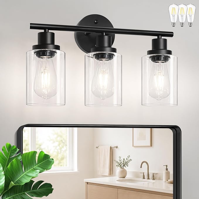 Unicozin Modern Bathroom Light Fixtures, 3 Light Vanity Lights with E26 Bulbs, Black Wall Lamp with Clear Glass for Mirror Living Room Hallway Cabinet Porch