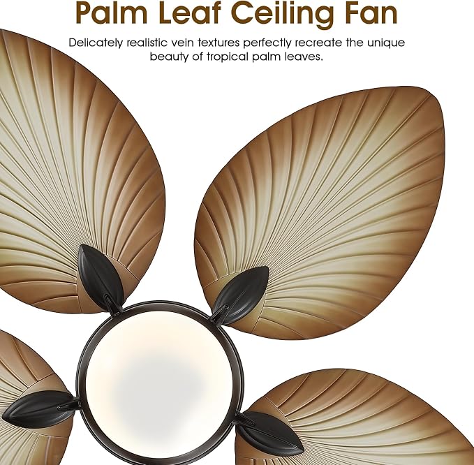 Wiviniya 52 Inch Tropical Ceiling Fans with Lights, Palm Leaf Outdoor Ceiling Fan with Light for Patios Porch Bedroom, Remote/APP Control, Reversible Quiet DC Motor, Dimmable LED, Wood Grain