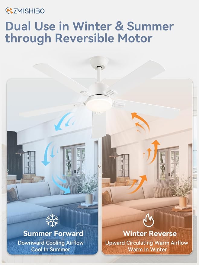 ZMISHIBO 2 Pack 52" Ceiling Fans with Lights, White Modern Ceiling Fan with Remote & App Control, Bedroom Indoor Fan with Dual Finish Blades, Quiet & Strong Motor, 24W Dimmable Bright LED Light.