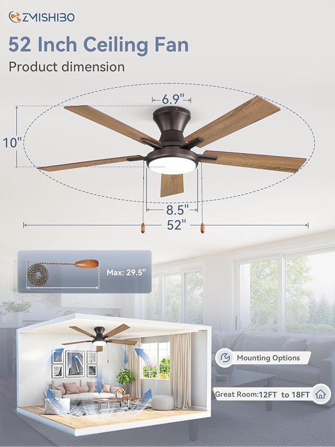 ZMISHIBO Ceiling Fans with Lights, Low Profile Ceiling Fan with Pull Chain and Remote Control, Flush Mount, Reversible, Dimmable, Noiseless, Black Pull Cord Ceiling Fan for Bedroom(52inch Brown)