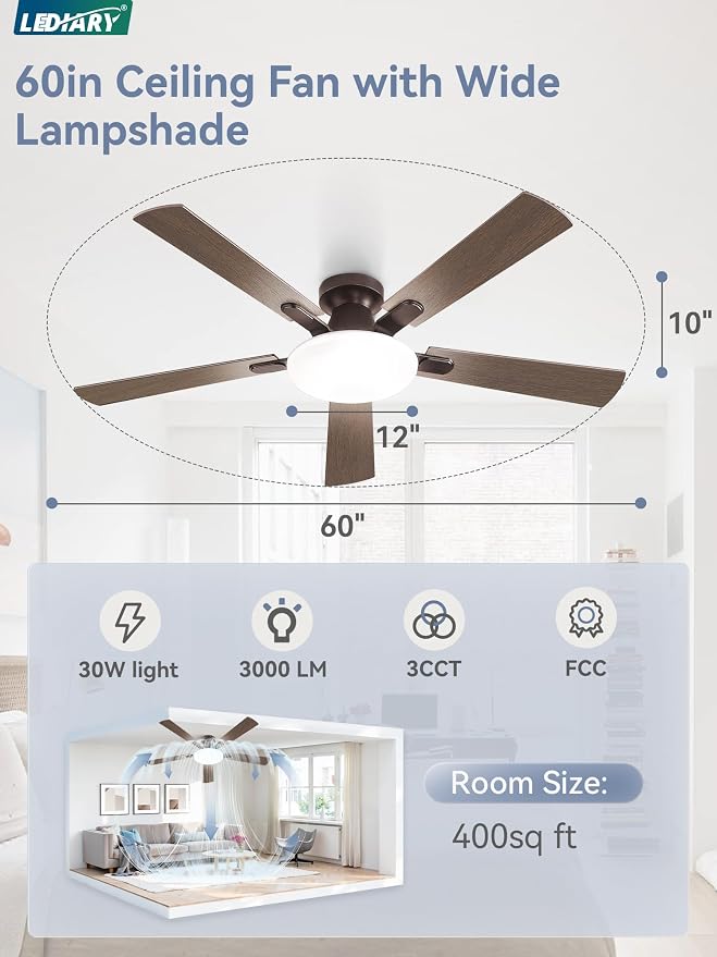 60 Inch Ceiling Fan with Lights and Remote, 30W 12" LED Panel Flush Mount Ceiling Fan, 6-Speed Quiet DC Motor Modern Low Profile Ceiling Fan with Reversible Blades for Bedroom, Living Room, Patio
