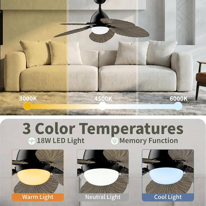 52" Modern Tropical Ceiling Fan with Light and Remote for Bedroom | LED Dimmable Tri-Color Temperature, 5 Blade Ceiling Fans Reversible, 6 Speeds w/Quiet DC Motor, living room, bedroom, kitchen