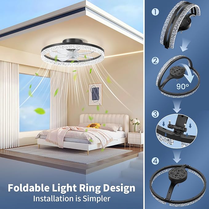 CHAREADA Ceiling Fan with Light, 20" Modern Low Profile Foldable Ceiling Fans with 6 Wind Speeds (Crystal Black)