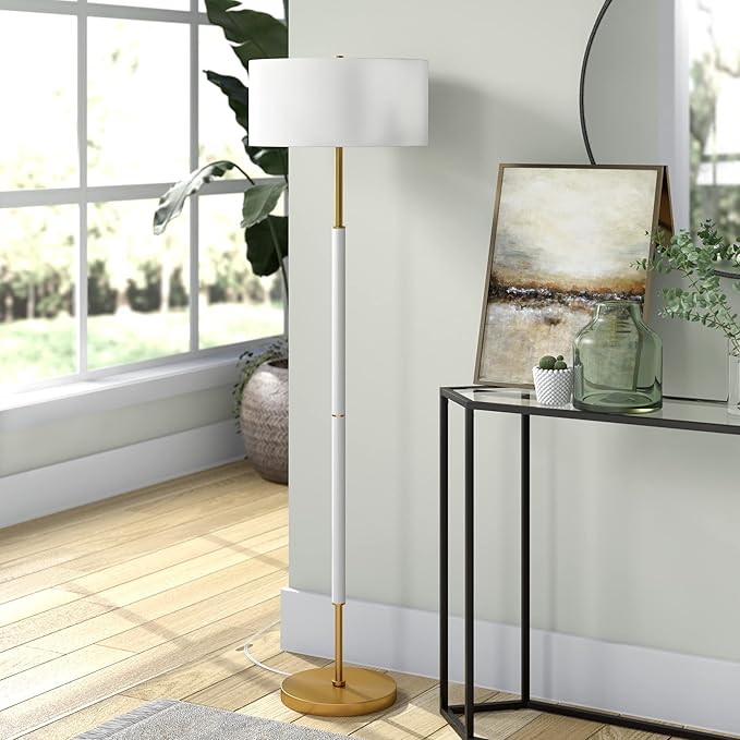 Henn&Hart 2-Light Floor Lamp with Fabric Shade in Matte White/Brass/White, Floor Lamp for Home Office, Bedroom, Living Room