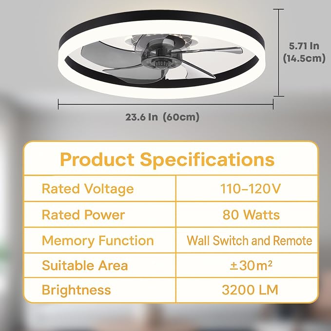 FSZDORJ 24'' Ceiling Fan with Light and Remote, Low Profile Ceiling Fan with Light, Dimmable Flush Mount Ceiling Fan Light, 6 Speeds Fan, App&Remote Control, Fandelier Quiet Fan for Bedroom F115 White
