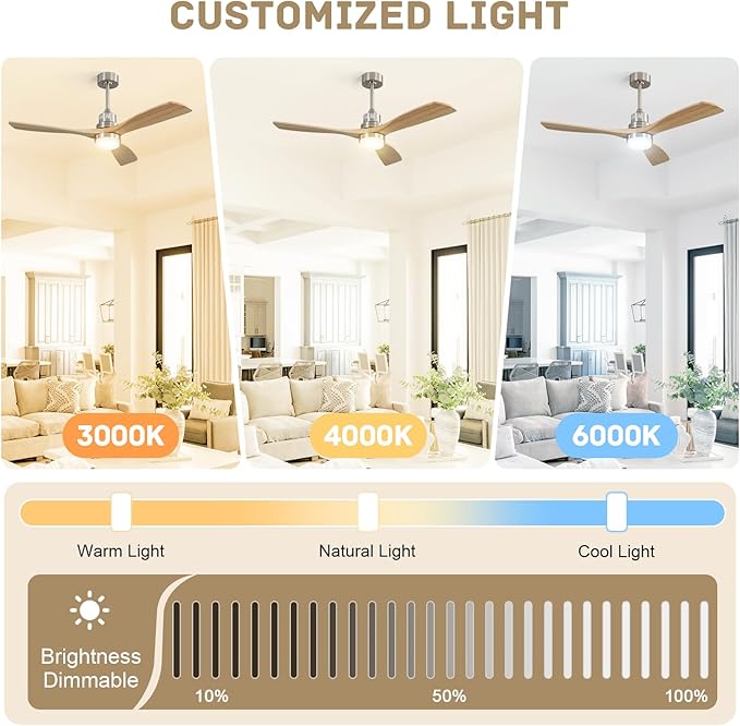 Sofucor 52 Inch Ceiling Fans with Lights and Remote, Solid Wood Indoor Outdoor Ceiling Fan, Quiet Reversible DC Motor, Modern 3 Blade Ceiling Fan for Bedroom Patio Living Room