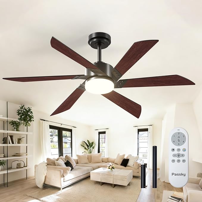 Passky Ceiling Fans with Lights, 52 inch Ceiling Fan with Light and Remote Control, 3CCT, Dimmable, Reversible, Noiseless, Black Contemporary Ceiling Fan for Bedroom, Living Room