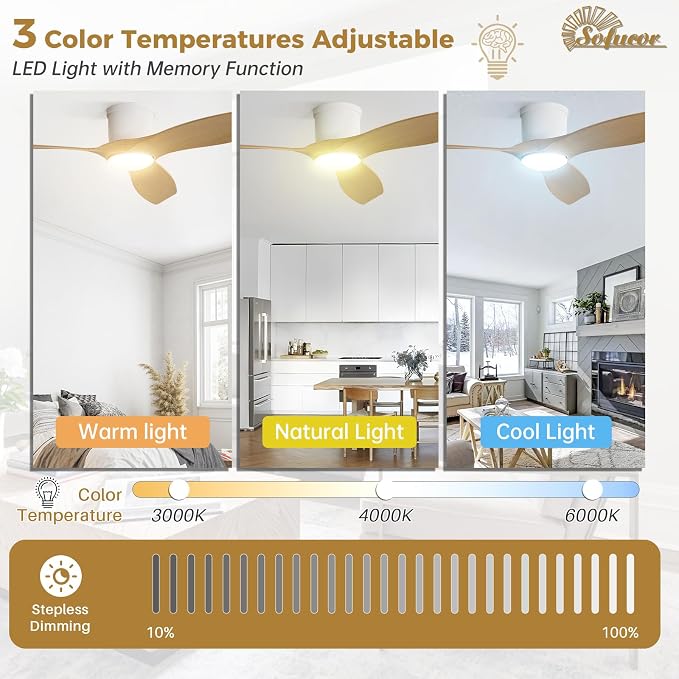 Sofucor 52 Inch Smart Ceiling Fan with Lights, Modern Low Profile Flush Mount Ceiling Fan with 6500CFM, Compatible with Alexa/Google/App, 3 Plastic Blade, Dimmable Timer Reversible DC Motor, ETL, ABS