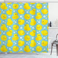 Ambesonne Cartoon Shower Curtain, Happy Rubber Duck and Bubbles Pattern Theme Art, Cloth Fabric Bathroom Decor Set with Hooks, 69" W x 70" L, Yellow Aqua