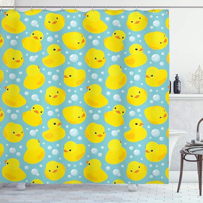 Ambesonne Cartoon Shower Curtain, Happy Rubber Duck and Bubbles Pattern Theme Art, Cloth Fabric Bathroom Decor Set with Hooks, 69" W x 84" L, Yellow Aqua