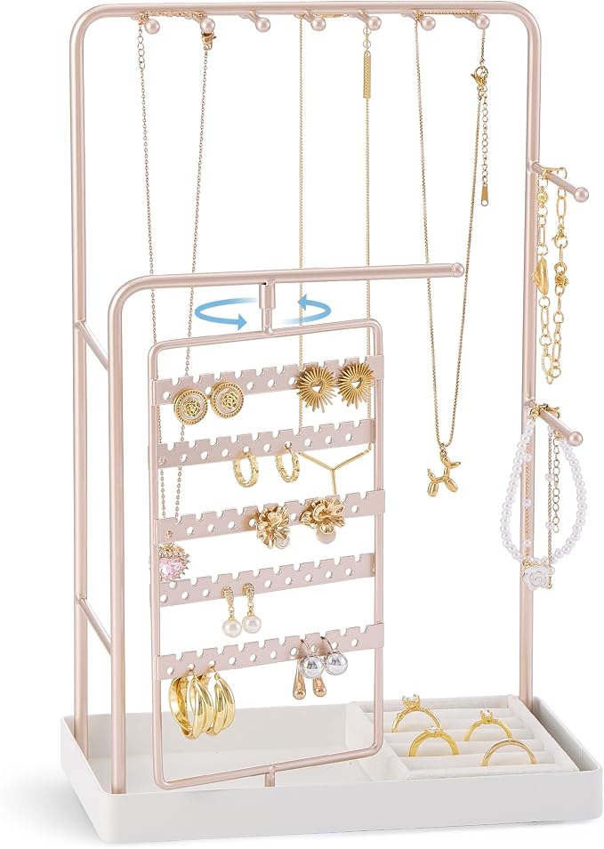 ProCase Jewelry Stand Holder Organizer and Storage, Champagne (No-Assembly) | Rotating Earring Bracelet Holder Storage, Hanging Jewelry Display Velvet Ring Tray, Teen Girls Birthday Gifts Room Dorm Decor