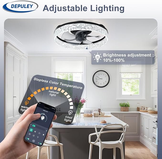 Depuley Ceiling Fans with Lights and Remote: 16" Modern Low Profile Flush Mount Ceiling Fan with App Remote Control - Black Fandelier for Bedroom Living Room Kitchen Dimmable Quiet DC Motor
