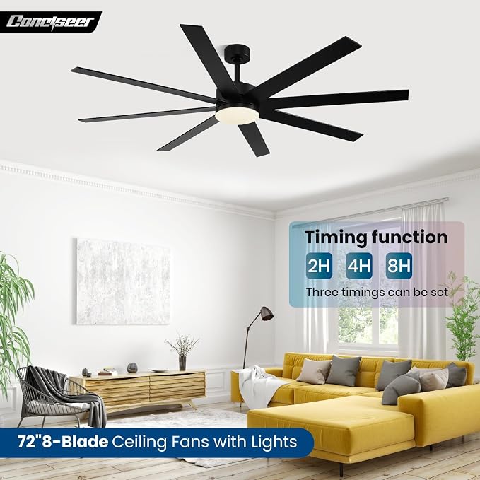 Conciseer Modern 72 Inch Ceiling Fans with Lights and Remote, Dual Color 8 Blades,Living Room Office Library Cafe Outdoor Industrial, 24W 3CCT 6 Speed Reversible Quiet DC Motor, Black/Wood Grain