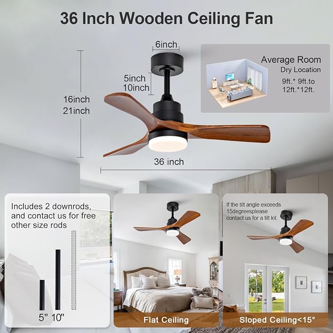 36 Inch Outdoor Ceiling Fans with Lights and Remote Control, Dimmable 3 Blades Wood Outdoor Ceiling Fans for Patios Black Walnut Wood Bedroom Ceiling Fan with Light, Wall Switch