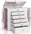 AKOZLIN 6-Tier Jewelry Box Organizer Functional 5 Drawers Leather Jewelry Storage Case for Women Girls Ring Necklace Earring Bracelet Holder Organizer with Mirror Extra Large White