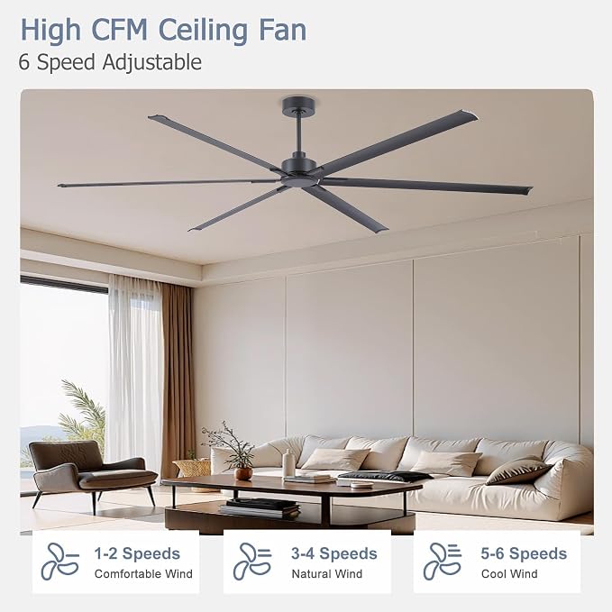 120 Inch Ceiling Fans No Light, Large Industrial Ceiling Fan with 6 Aluminium Blades, Quiet DC Motor, 6 Speeds, Modern Ceiling Fan without Light for Garage/shop/living room,Black