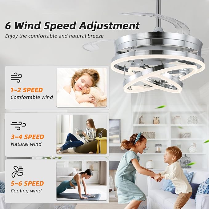 42 Inch Retractable Ceiling Fan, Modern Chandelier Ceiling Fan with Light,DC Motor, Dimmable,3 Color, 6 Wind Speed for Bedroom, Living Room and Dining Room, Silver