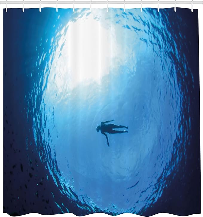 Ambesonne Summer Shower Curtain, Woman Swimminglone in The Seinside View Diving Ocean Exotic Peaceful Scenery, Cloth Fabric Bathroom Decor Set with Hooks, 69" W x 70" L, Blue Navy