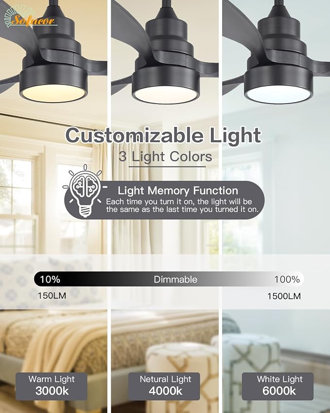 Sofucor 48 Inch Smart Ceiling Fans with Lights-Flush Mount & Downrod Mount Modern Outdoor Ceiling Fans with Alexa/Google Assistant/APP/Remote Control for Bedroom/Farmhouse/Patio, Black
