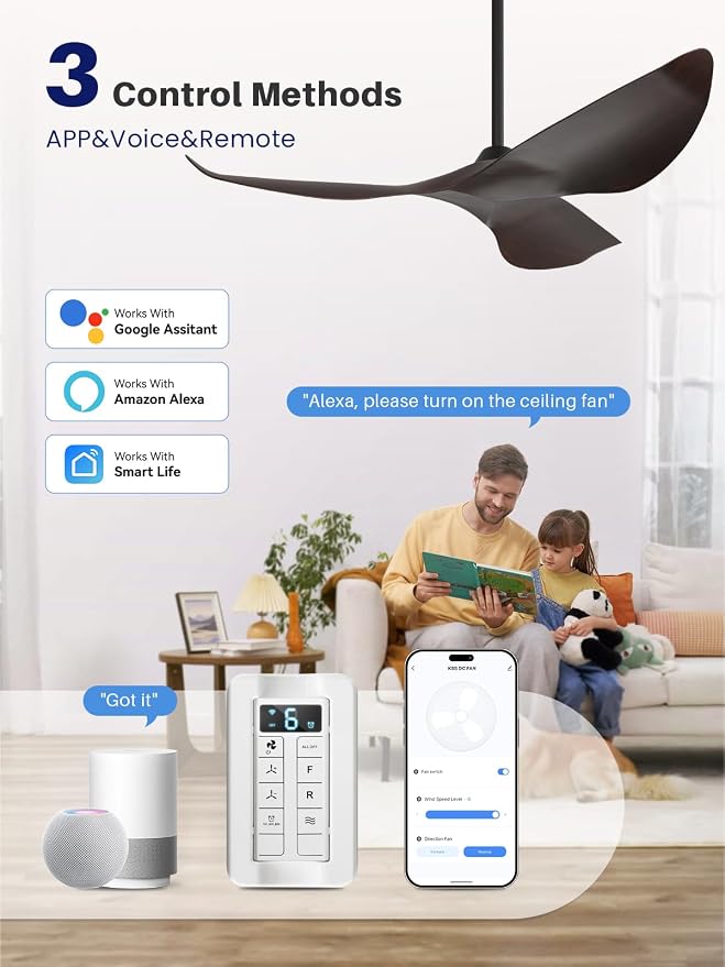 Sofucor 52 Inch Smart Ceiling Fan No Light, Modern Ceiling Fan with Remote Control, Reversible DC Motor, 6-Speed Noiseless Indoor Ceiling Fan for Bedroom Living Room Covered Patio Porch