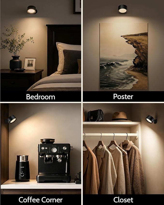 LED Wall Mounted Lights, Rechargeable Wall Sconces, 3 Color Temps, Remote & Touch, 360° Rotating and Dimmable for Bedroom, Bedside & Reading (Black, 2 Pack)