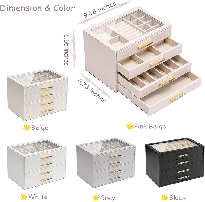 VLANDO 4-Drawer Jewelry Box with Glass Lid, Faux Leather Organizer for Rings Earrings Necklaces and More, Gift-Ready Jewelry Case for Women Girls or Moms, Beige