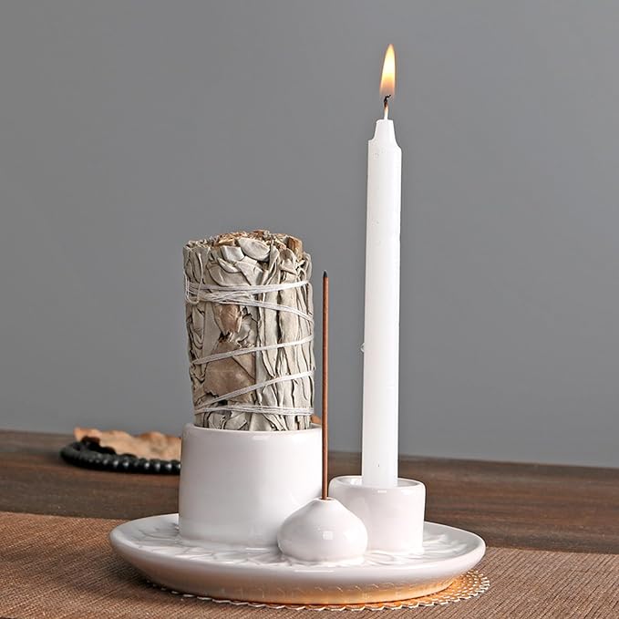 4 in 1 Ceramic Incense Burner, Sage Holder for Burning Bowl, Palo Santo Sticks Holder, Smudge Stick Ash Catcher Tray for Meditation Yoga Room (White)